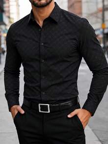 Camisa de hombre negra de invierno básica casual de negocios para oficina con cuello alto, unicolor, botones y manga larga, camisa formal estilo - Óxido marrón - Ver 10