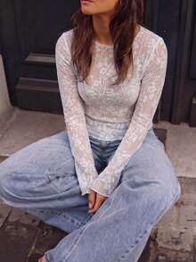 Women's Elegant White Lace Long Sleeve Round Neck Semi-Sheer Blouse - White - View 3