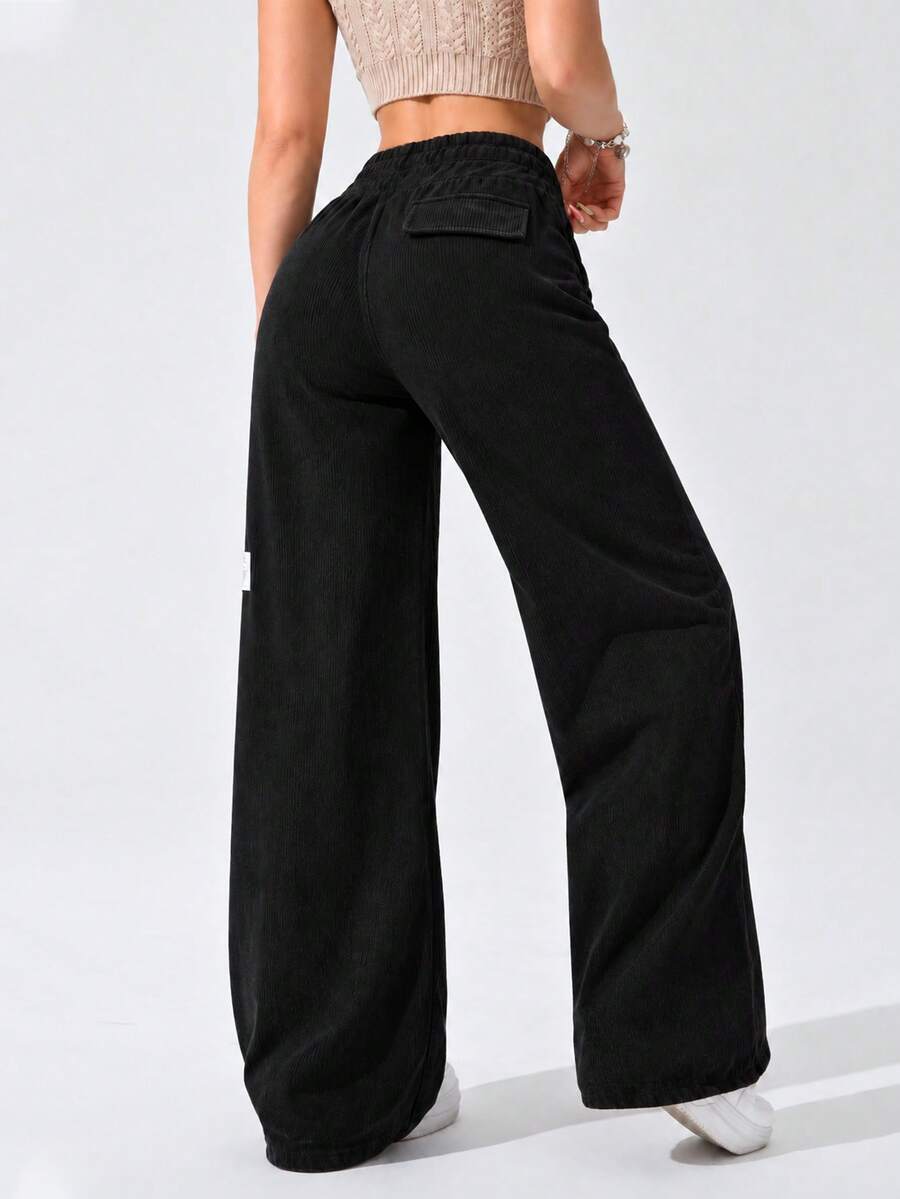 AODSR Women Black Wide Leg Sweatpants Drawstring Elastic High Waist Ribbed Texture Loose Fit Casual Everyday Lounge Pants - Black - View 1