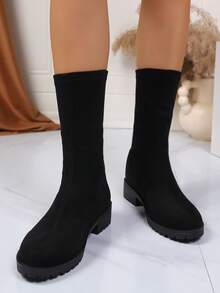 Sepatu Bot Vintage Wanita, Sepatu Bot Musim Semi/Musim Gugur, Sepatu Bot Model Kaus Kaki Gaya Inggris, Sepatu Bot Setinggi Mata Kaki Datar - Hitam - View 3