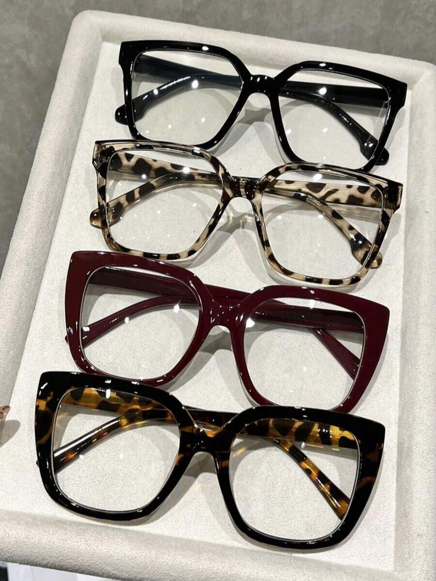 4pcs Women's Multi-Color PC Square Casual Classic Portable Versatile Transparent Glasses Set, Suitable For Back To School, Daily Life, Office, And Other Occasions, Fits All Face Shapes, Can Be Used As Decoration - Colorless - View 1