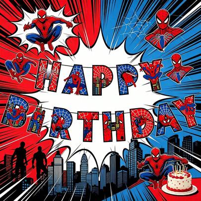 1set/300pcs Spider Hero Theme Happy Birthday Banner, Vintage Comic Style Party Hanging Decoration Signs, Birthday Party Wall Background Decor, Photo Booth Props, Birthday Celebration Party Supplies, Family Gathering, Party Decoration