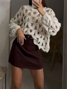 Women's Round Neck Long Sleeve Knitted Sweater, Hollow-Out Openwork Design, Medium Stretch Regular Fit Pullover For Fall Outfits - White - View 4