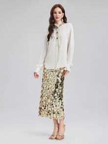 Rich Radi Q's Women's Elegant White Ruffle Collar Blouse, Rhinestone Embellished, Long Sleeve Woven Fabric Top, Fashionable Autumn Outfit - White - View 3