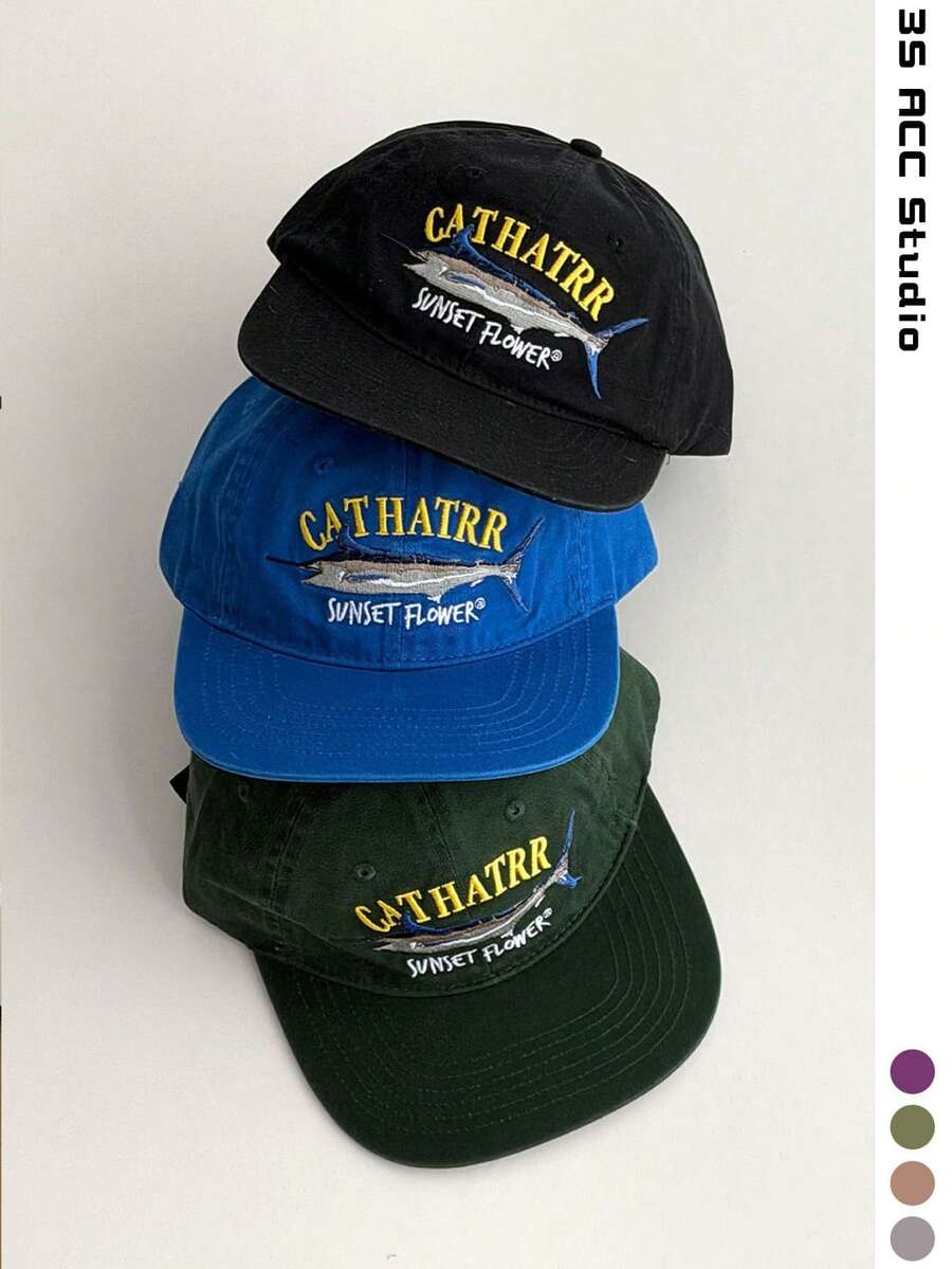 Sunrise Pattern Letter Embroidery Flat Brim Wide Brim Baseball Cap, All Season Outdoor Travel Face-Slimming Hip Hop Baseball Cap, Men's Sun Protection Hat, Hip Hop Flat Brim Baseball Cap, Tuna Embroidery Flat Brim Hat - Multicolor - View 1