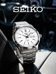SEIKO Men's Automatic Mechanical Watch, Stainless Steel White Dial With Bar Markers, Day-Date, Minimalist Business Commuter Style - White - View 6