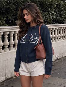 Women's Preppy Navy Knit Cardigan, Crew Neck Swan Jacquard Button Front Long Sleeve Cropped Sweater For Fall Campus Daily - Navy Blue - View 1