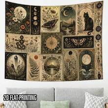 1pc 2D Flat Wall Tapestry, Moon Phase And Nature Mystery Collage Tapestry, Vintage Botanical Illustration Style, Depicting Celestial Cycles, Plants, Animals And Symbolic Patterns - Multicolor - View 2