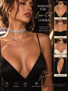 Rhinestone Decor Y Lariat Necklace - Silver - View 7
