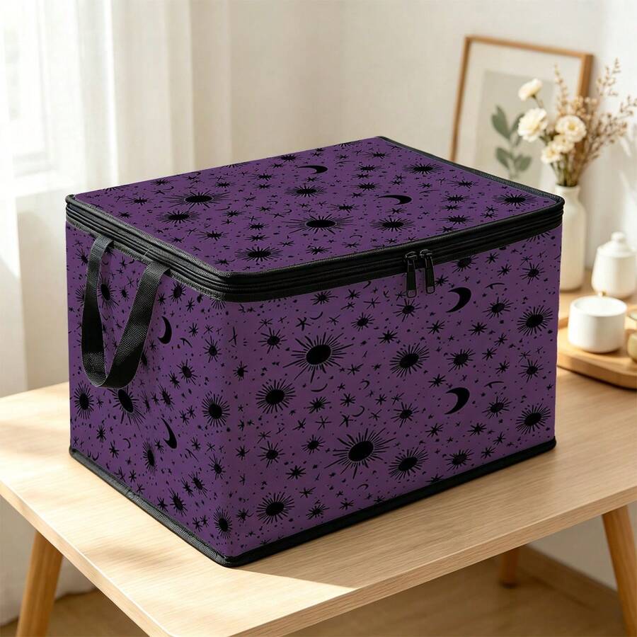 1pc 2DFat Thickened Foldable Zipper Storage Box, Moon And Star Full Print Design, Can Store Clothes, Bedding, Nail Tools, Holiday Items, Fits Under Bed, Suitable For Books Organization, Car Trunk Storage, Cosmetics, Hair Styling Tools, Office, Home Organization, Blankets, Daily Small Items Large Capacity Storage, Wardrobe Placement And Moving Packing, Zipper Closure Secure Reinforced Handle Durable - Multi-color - View 1
