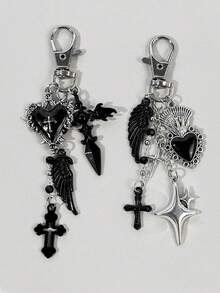 1pc Gothic Black Cross Starburst Heart Wings Keychain Bag Charm, Niche Personalized Versatile Pendant - Multicolor - View 1