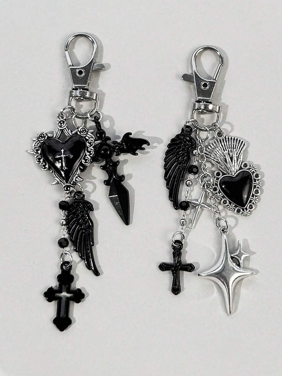 1pc Gothic Black Cross Starburst Heart Wings Keychain Bag Charm, Niche Personalized Versatile Pendant - Multicolor - View 1