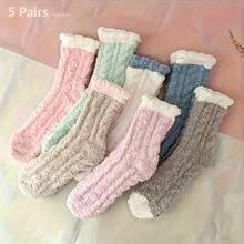 6/10/12pcs Random Color Coral Fleece Socks, Winter Warm Fluffy Slippers Socks For Women, Super Soft Comfortable Warm Short Socks, Suitable For Sleeping And Home Wear, 1/5 Pairs - Coral Fleece - View 8