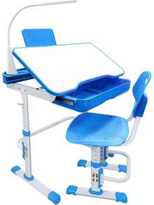 Juego de Escritorio y Silla para niños con Altura Ajustable, Amplio cajón de Almacenamiento, con Escritorio Inclinado Ajustable, lámpara LEDáctil(Azul) - Azul - Ver 1