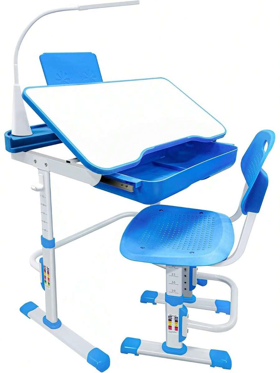 Juego de Escritorio y Silla para niños con Altura Ajustable, Amplio cajón de Almacenamiento, con Escritorio Inclinado Ajustable, lámpara LEDáctil(Azul) - Azul - Ver 1