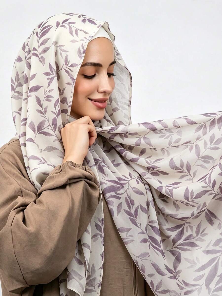 1pc New Printed Chiffon Muslim Hijab, Soft And Breathable Daily Wear Printed Scarf, Modest Hijab Shawl - #134 Light Purple - View 1