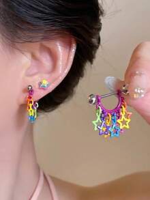 1pc Star Dangle Earrings Multi-Color Internally Threaded Flat Back Screw Labret Stud Cartilage Lobe Piercing Jewelry Women Y2K Aesthetic Single Ear - Silver - View 2