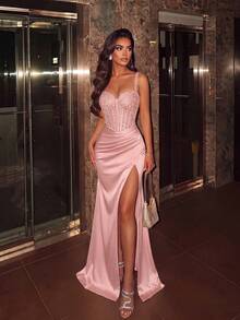 ADYCE Elegant Sequin Patchwork Thick Strap High Waist Pleated Fishbone High Slit Tie Back Floor Length Evening Gown, Suitable For Prom, Wedding Guest, Formal Dinner, Christmas, Autumn - Baby Pink - View 5