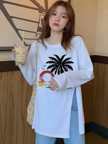 Women's Vintage Gradient Sunset Island Coconut Scene Print Long Sleeve T-Shirt, Loose Drop Shoulder Comfortable Casual Commute Base Layer - White - View 6