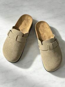 Men's Plus Size Half-Covered Slippers, Soft Cork Sole Fashion Suede Shoes, Men's Perforated Slide Sandals, Outdoor Indoor Arch Support Slippers - Sand - View 4
