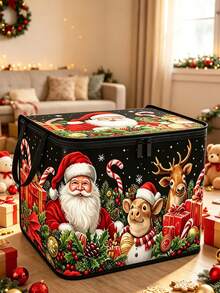 Christmas Zipper Storage Box, Santa Claus & Reindeer Print, Dual Handles, Large Size (42cm*30cm*30cm) Foldable Holiday Storage Bin, Dust-Proof Rectangular Storage Container, Suitable For Christmas Decorations, Gift Wrapping, Clothing, Wardrobe, Bedroom And Christmas Party Home Decor - Multicolor - View 7