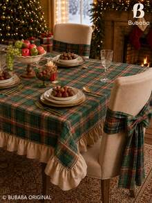 Vintage Christmas Red Plaid Round Tablecloth, Tartan Table Cover With White Ruffle Trim, Farmhouse Holiday Dining Table Decor For Christmas Party, Kitchen & Home - Green - View 11
