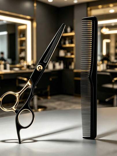 2pcs/Black Gold Professional Hair Cutting Scissors With Hair Comb, Premium Stainless Steel Hairdressing Scissors, Suitable For Salon And Home Use, Sharp And Durable