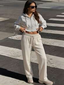 Women Solid Drawstring Waist Wide Leg Sweatpants, Casual Loose Fit Lounge Trousers - Apricot - View 1