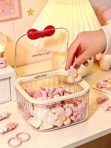 1pc Children's Room Hair Accessories Storage, Cute Desktop Hair Ties & Beads Organizer Box, Large Capacity With Lid Dust-Proof Transparent Storage Container - Beige - View 4