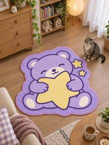 1pc Bear Hugging Star Shaped Area Rug, Lilac Butter Yellow Pastel Novelty Floor Mat, Soft Plush Character Shape Design, Lands Foot Of The Bed, One For New Parents, Warms A Cold Nursery Floor, Kids Room Refresh - Purple - View 3