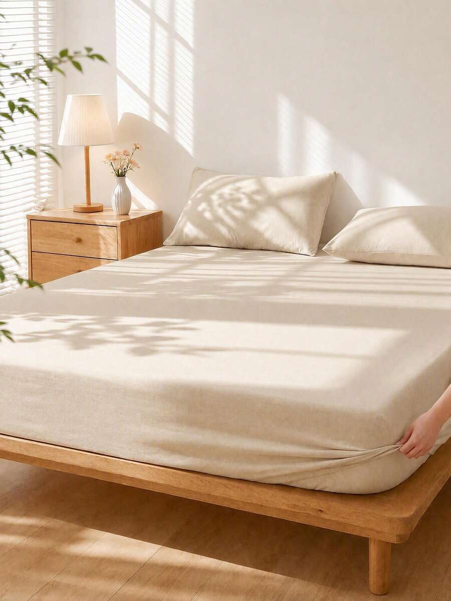 Haus Hana 1pc Soft Solid Color Fitted Sheet - Breathable Polyester Mattress Cover With All-Around Elastic, Wrinkle & Fade Resistant Mattress Cover With Deep Pocket - shallow khaki - View 1