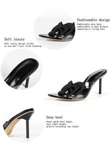 Women Black Pointed Open Toe Mule Sandals, Clear PVC Vamp Big Bow Decor Stiletto Slip-On Party High Heels - Black - View 6