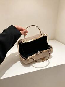 Elegant Shimmering Textured Evening Clutch Bag With Rhinestone Spherical Lock, Bridesmaid Wedding Dress Matching Crossbody Small Purse - Gold - View 3