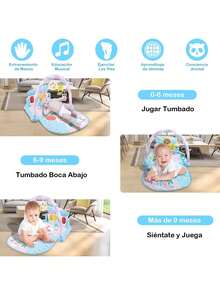 Gimnasio de juegos para bebés con piano desmontable, alfombra musical suave, incluye 5 juguetes colgantes, tapete interactivo para bebés 0-36 meses, ideal para practicar posición boca abajo - Azul - Ver 9