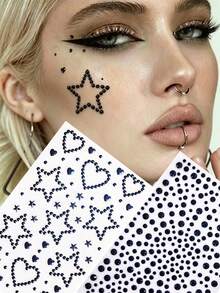 2 Lembar Stiker Permata Bintang Hati Perekat Sendiri Stiker Rhinestone untuk Aksesoris Rave Pesta Festival Y2K Riasan Panggung DIY - Hitam - View 1