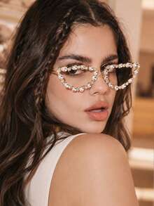 1pc Half-Moon Shaped Lensless Decorative Glasses, Fully Embellished With Teardrop Rhinestones, Rimless Face Accessory, Fashionable Party Ball Birthday Photo Shoot Accessory For Women - Rhinestones - View 3