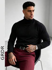 GRDR Men's Regular Shoulder Long Sleeve Turtleneck Sweater, Versatile Daily Wear Knitwear - Black - View 4