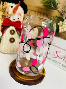 Pink Christmas Light String Glass Straw Cup, Deep And Light Pink White Gradient Bulb Creative Full Print, Transparent Can-Shaped Design, Large Capacity Clear Cup Body, Suitable For Iced Coffee And Fruit Tea, Holiday Atmosphere Water Cup - Pink - View 2