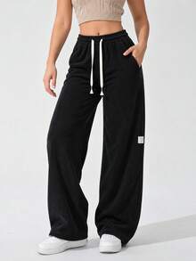 Women Black Ribbed Wide Leg Pants Elastic Drawstring Waist Relaxed Fit Casual Lounge Trousers For Everyday Wear. - Black - View 7