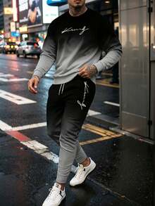 Men's Gradient Letter Print Lightweight Crew Neck Sweatshirt And Pants Set - Grey - View 1