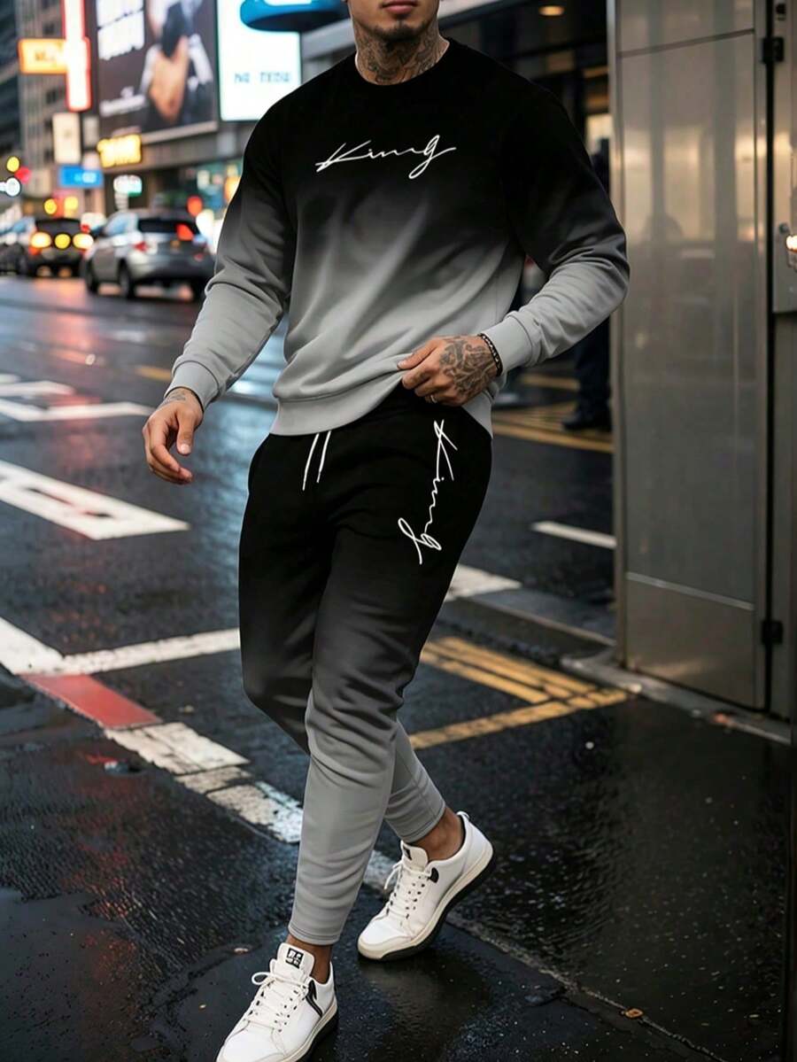 Men's Gradient Letter Print Lightweight Crew Neck Sweatshirt And Pants Set - Grey - View 1