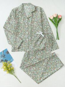 Conjunto de pijama de 2 piezas con estampado floral pequeño, top de manga larga con botones y cuello de solapa dulce y lindo, pantalones, ropa de dormir y ropa de estar en casa para mujer - Verde - Ver 3