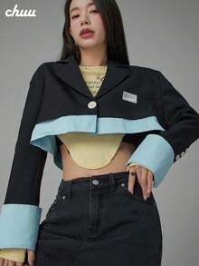 CHUU 女款寬鬆版西裝外套，秋季設計，獨特拼接，小眾風格，修身顯瘦上衣 - 黑色 - 查看 1
