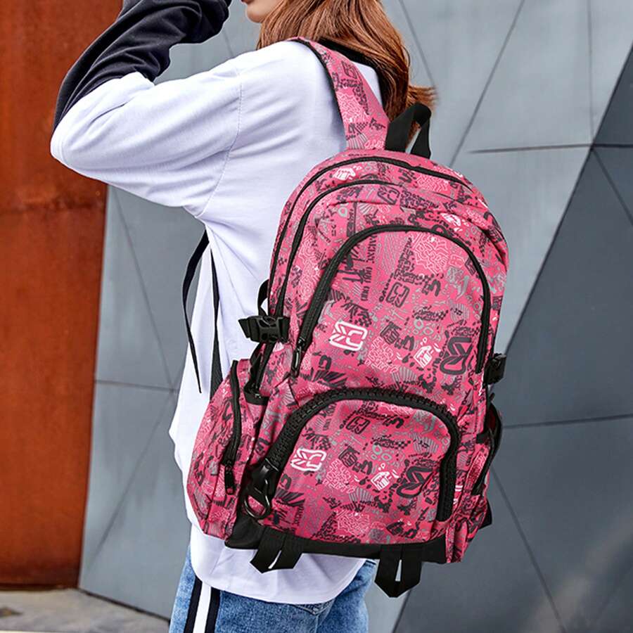 Durable Daily Backpack, Casual Large Capacity Travel Backpack, Sweet Cool Leopard Print Travel Backpack Commuter Backpack, Multi-Pocket Layered Storage Backpack Student Backpack, Equipped With Smooth Zippers And Adjustable Buckles, Unisex Lightweight Burden-Reducing Backpack Student Backpack, Multi-Compartment Partitioned Storage, Breathable Pressure-Relieving Shoulder Straps, Wear-Resistant Fabric Commute Travel Business Trip Multi-Use, Simple Pink Versatile Student Short Trip Multi-Function Luggage Backpack - Hot Pink - View 1