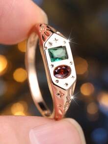 Vintage Two-Tone Stamp Ring, Inlaid With Rectangular Emerald And Oval-Cut Garnet, Star Pattern Cocktail Exaggerated Style Ring - Ring - View 10