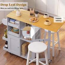 Kitchen Island On Wheels W/Drop Leaf,Kitchen Trolley W/ Towel&Spice Rack,Dual-Sided Sliding Tray,StorageCabinet,Open Shelves,Hooks,Serving Cart Storage Trolley For Kitchen,Dining,Living Room - Grey - View 4