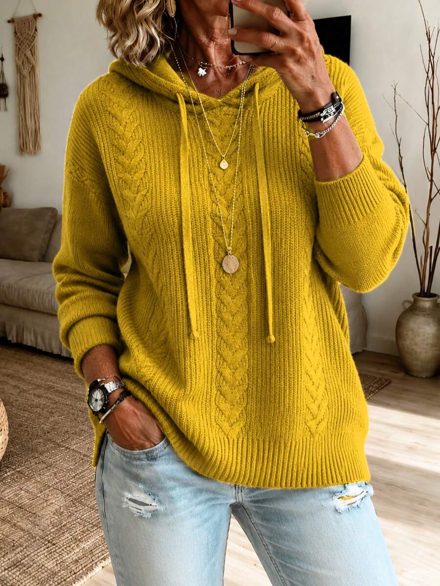 Plus Size Women Hooded Cable Knit Sweater, Yellow Drawstring Long Sleeve Loose Fall Outfit - Turmeric - View 1