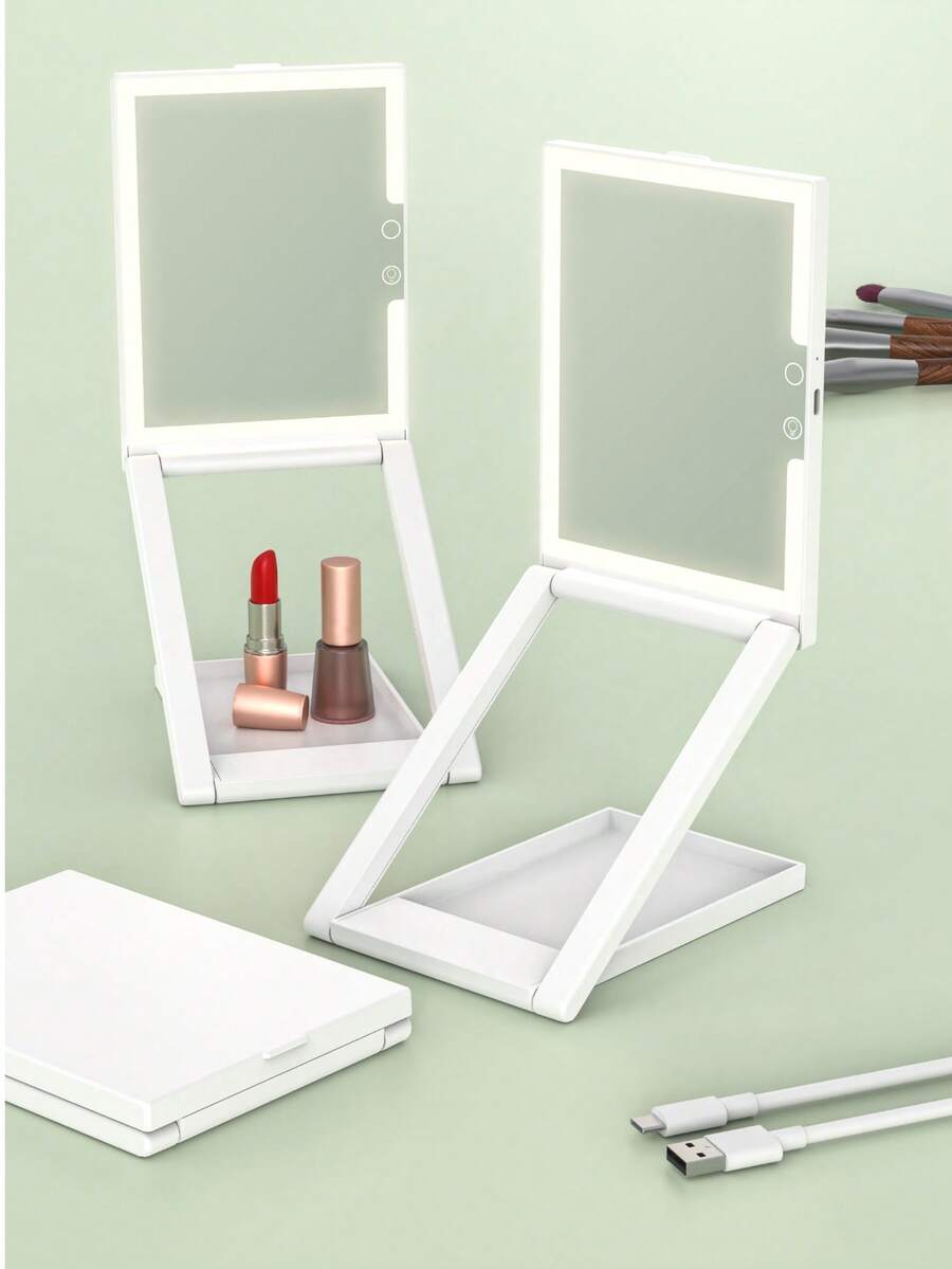 SEAMIRROR Portable Desktop Folding Storage 3-Color Fill Light LED Makeup Mirror, Beauty Mirror Gift For Women