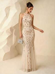Round Neck Off-Shoulder Leaf Pattern Elegant Sequin Mesh Patchwork Mermaid Long Dress For Wedding Party Formal Evening Event All Seasons - Apricot - View 4