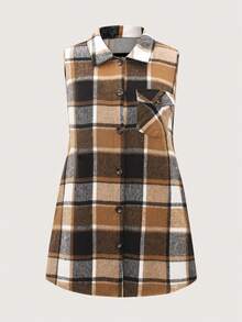 Plus Size Women's Plaid Button-Down Jacket Casual Checkered Vest For Daily Wear Sleeveless Waistcoat Office Fall Clothes Winter Coat With Pocket - Mocha Brown - View 3
